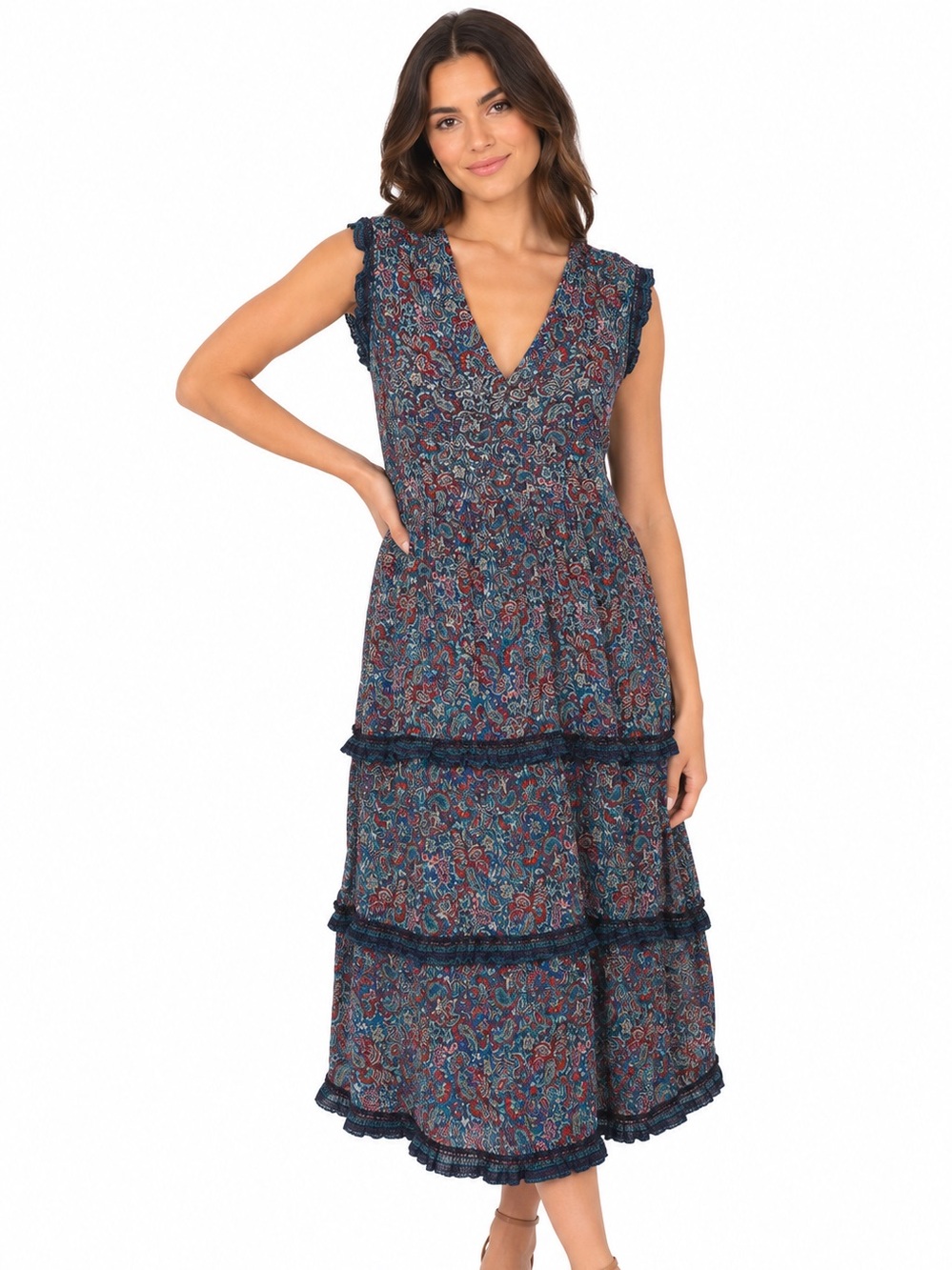 J. Jill Coastal Ruffled Midi Dress Royal Blue Cheerful Paisley XL Stretchy Boho